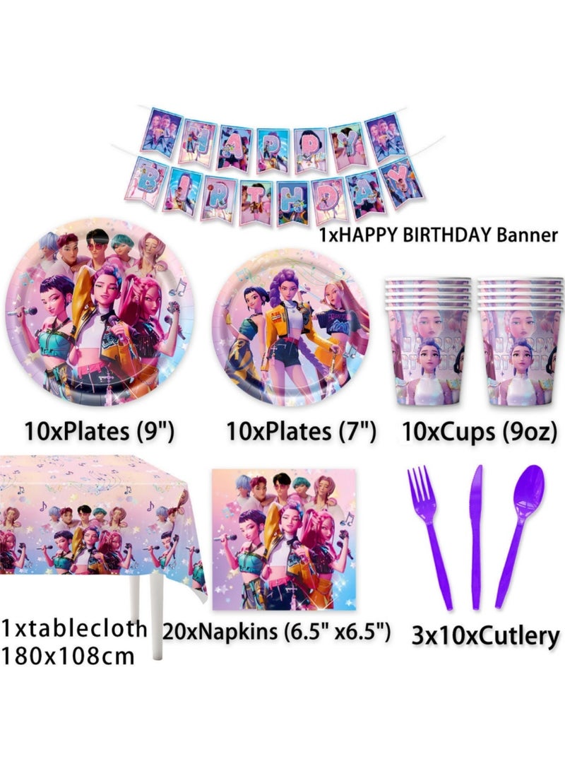 saykfoe 86 PCS Kpop Party Supplies Set, K Pop Birthday Demon Decorations Tableware Kit With 20 Plates 20 Napkins 10 Knives 10 Forks 10 spoons 15 Pennants 1 Tablecover for Boys Girls Hunters Theme Serves 10 Guests - Image 2